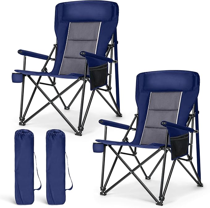 LET'S CAMP Oversized Camping Chairs 29.52" High Back Heavy Duty Lawn Chair Support 500LBS, Portable Collapsible Chair with Cup Holder, Side Pocket,2 Pack(Blue)