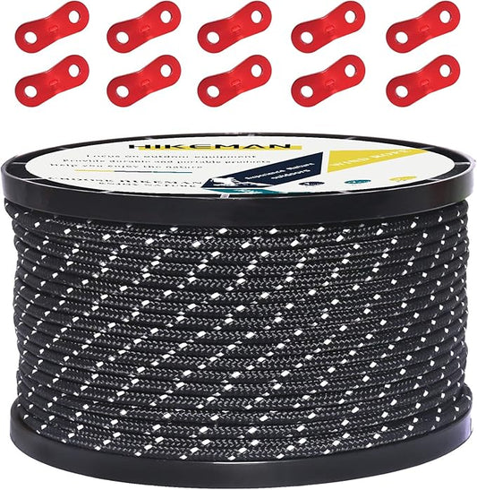HIKEMAN 50m Reflective Guyline Solid Braid Nylon Camping Rope with Aluminum Adjuster Cord Tensioner Tent Accessory for Outdoor Travel,Hiking,Backpacking and Water Activities (Black, 3mm)