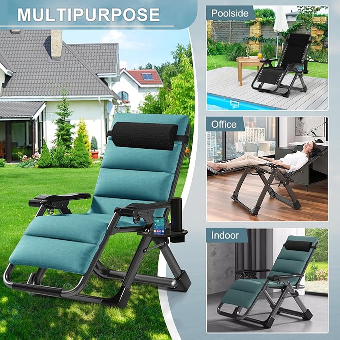 ABORON Zero Gravity Chair,Premium Outdoor Lawn Folding Lounge Chairs,Sturdy Adjustable Reclining Patio Chairs with Removable Cushion,Headrest & Tray