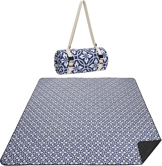 Picnic Blanket, 80''x80'' Waterproof Outdoor Blankets, Picnic Mat Washable for Beach, Picnic Blankets for Camping on Grass with Shoulder Strap - NavyBlue