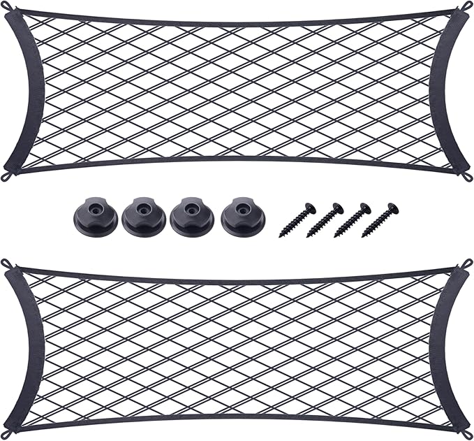 JINGKE 2 Pcs Small Cargo Net Pocket Elastic Mesh Netting Car Mesh Pouch with Screws and Hooks for Trunk RV Boats Home Cargo Storage (25.6'' x 9.8'')