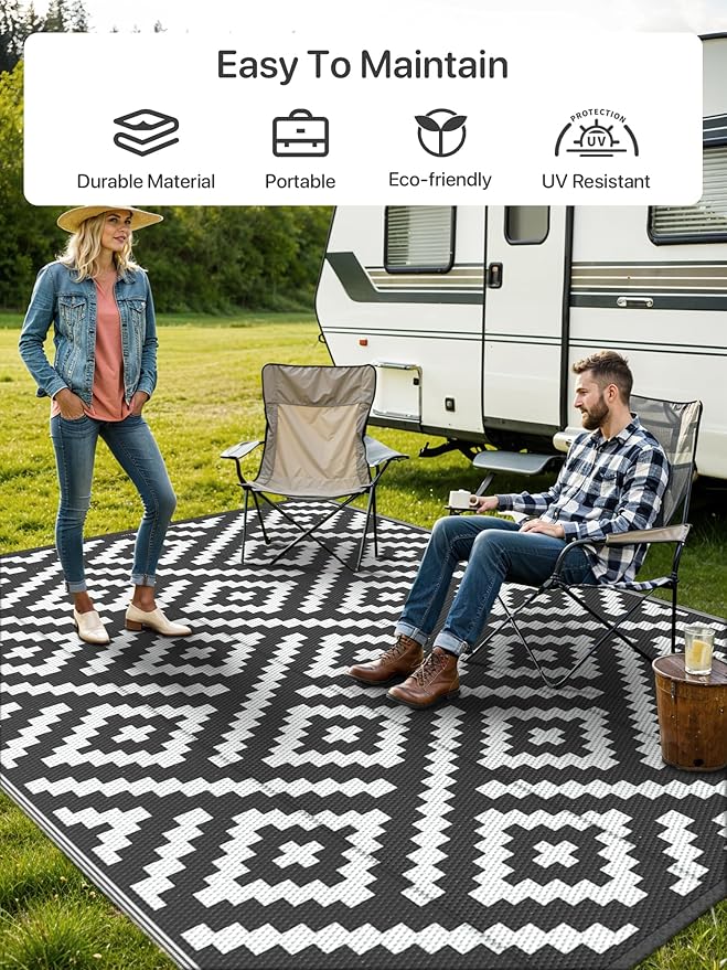 GENIMO Outdoor Rugs 8x10 Waterproof, Reversible Mats, Area Plastic Straw Rug, Outside Carpet, Geometric Rv Mat for Patio Camping Picnic Backyard Deck Balcony Porch Beach Trailer (Black & White)
