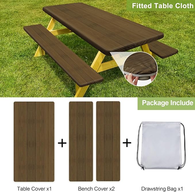Picnic Table Cover with Bench Covers Camping Essentials Waterproof Windproof Camping Tablecloth with Drawstring Bag, Fitted Rectangle Tables and Seats, 96in, Dark Brown
