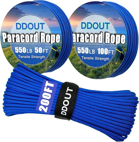 Paracord Nylon Rope Blue 100ft with 7-Strand Core, 10 Colors and 50/100/200 ft, Type III Parachute Cord 4mm for Camping, Survival, Hiking, DIY, Crafting, Outdoor Utility Rope