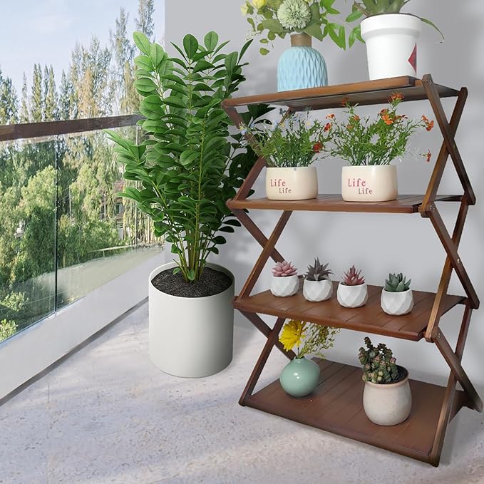 Foldable Bamboo Shelf, Folding Shoe Rack, Flower Rack, Camping Rack, No Installation Required, Portable, Space Saving, Multi-Purpose Storage Rack (Walnut, 4 Tiers)