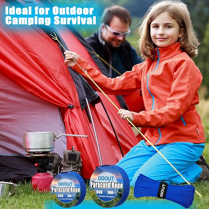 Paracord Nylon Rope Blue 50ft with 7-Strand Core, 10 Colors and 50/100/200 ft, Type III Parachute Cord 4mm for Camping, Survival, Hiking, DIY, Crafting, Outdoor Utility Rope