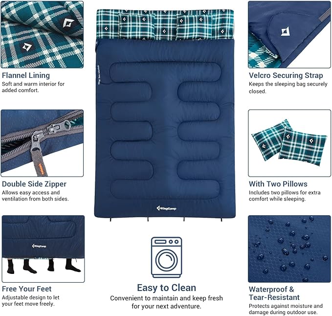 KingCamp Double Sleeping Bag for Adults, Queen Size 2 Person XXL Flannel Sleeping Bag, Waterproof Lightweight Flannel Quilt with 2 Pillows, Perfect for Couples Family Camping Hiking