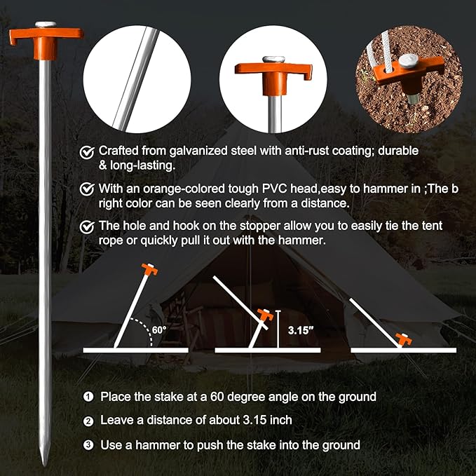 Eurmax USA Hiking Camping Tent Stakes and Hammer Set Lightweight Multi-Function Tent Hammer with Tent Stake Remover,Tent Pegs for Camping, Hiking, Backpacking, Gardening(Orange Stopper Stakes)