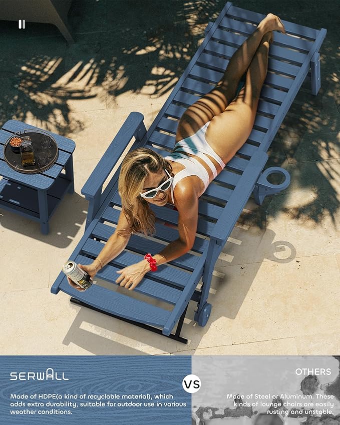 SERWALL Patio Chaise Lounge Chair Set of 2 with 9FT Patio Umbrella, 78'' HDPE Outdoor Lounger 5 Positions Adjustable, Poly Lounge Chair with Rolling Wheels & Cup Holder for Pool,Blue