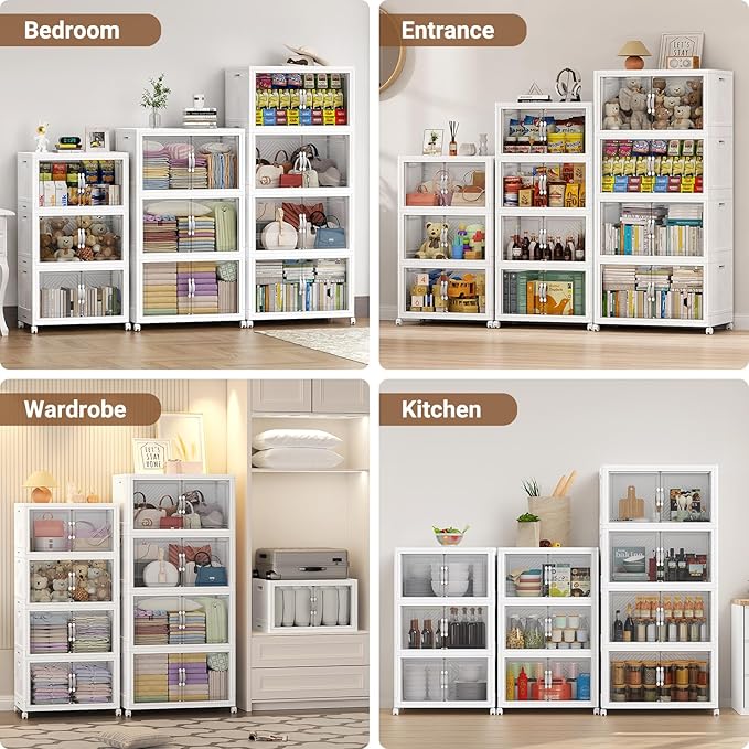 300QT Extra Large Stackable Storage Bins, 75Gal Clear Plastic Closet Organizer Cabinet with Lid and Wheels, Collapsible Latch Boxes Folding Drawer with Door for Home Kitchen, V20 3Pack White