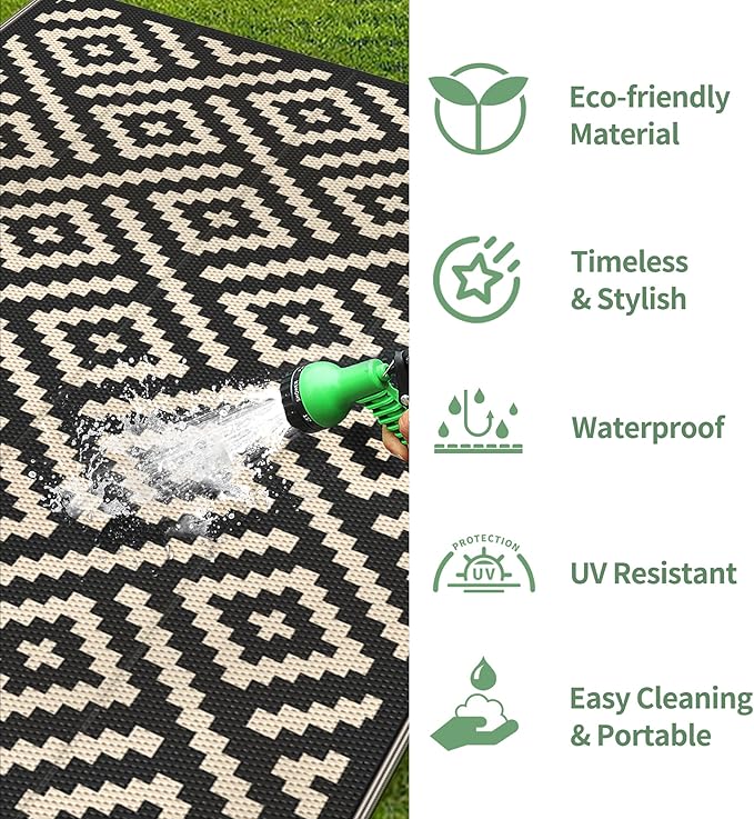 GENIMO 5x8 Outdoor Rug Waterproof, Reversible Mats, Area Rug, Plastic Outside Carpet, Geometric Rv Mat for Patio Camping Rv Picnic Backyard Deck Balcony Porch Beach Trailer (Black & Beige)