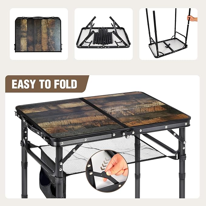 RedSwing Small Folding Table with Side Pocket Adjustable Height, Lightweight and Portable Aluminum Frame Camping Table for Outdoor Indoor Picnic, 2 Feet, Brown Wide Wood Grain