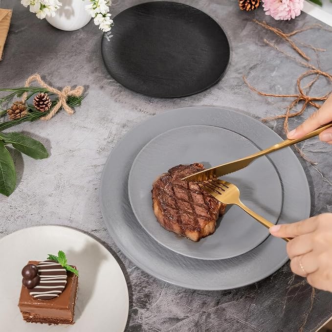 WONDERFUL 32pcs Dark Grey Plastic Plates Reusable Plates Unbreakable and Dishwasher safe Dishes Set Outdoor Plate Includes:16 Dinner 10" and 16 Dessert Plate 7.3" Suitable for BBQ & Camping