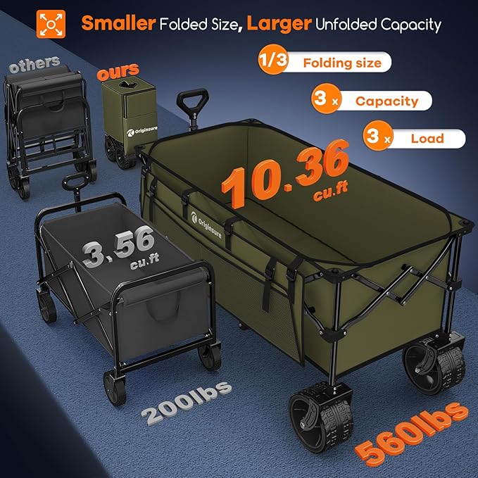 48" L Collapsible Wagon Cart Foldable, 560LB Weight Capacity 300L Heavy Duty Folding Beach Wagons with Big All-Terrain Wheels, Utility Carts for Groceries, Shopping, Camping, Sports - Green