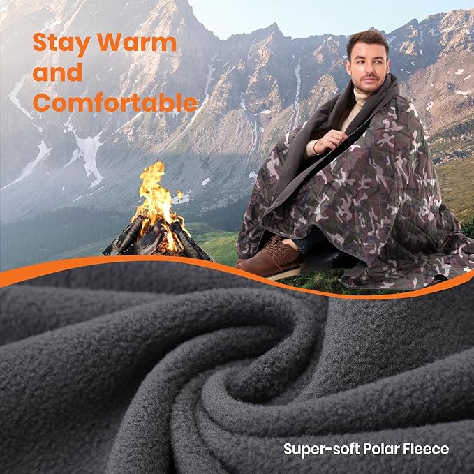 4-in-1 Large Outdoor Blanket - Waterproof & Windproof Thickened Warm Fleece Camping Blanket for Stadium, Hiking, Sporting Events - 81"x57", Packable (Camouflage)