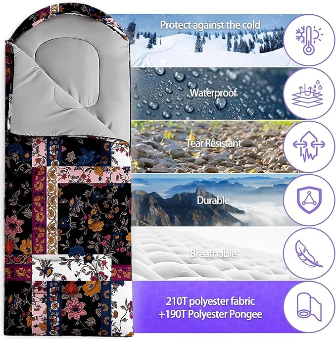 Sleeping Bags for Adults and Kids，3D Printing Camping Sleeping Bag for Girls Boys Lightweight Waterproof Cold/Warm 3-Season，Outdoor Travel with Compression Bags