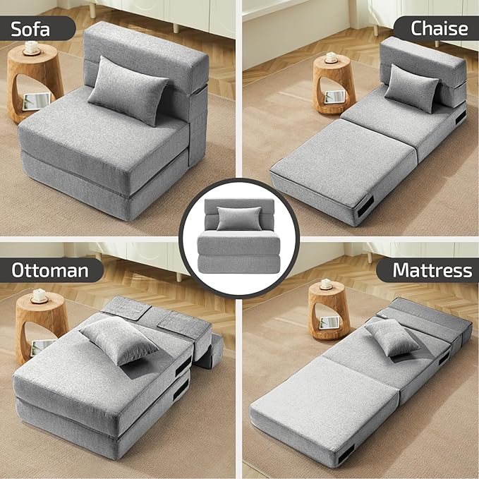 Folding Sofa Bed with Pillow- Convertible Chair Floor Couch & Sleeping Mattress, Foldable Memory Foam Sleeper for Living Room/Dorm/Guest Room/Home Office/Apartment/Loft, Single26, Light Gray