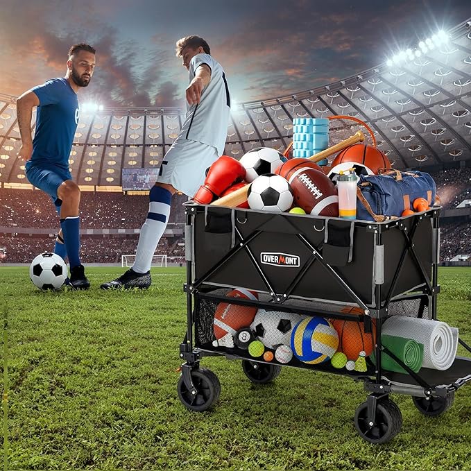 Overmont 400L Foldable Double Decker Wagon - Large Capacity Collapsible Wagon Cart- 52" Extra Long Extender - All-Terrain Big Wheels for Camping, Football Game, Sports Events, Support Up to 450lbs