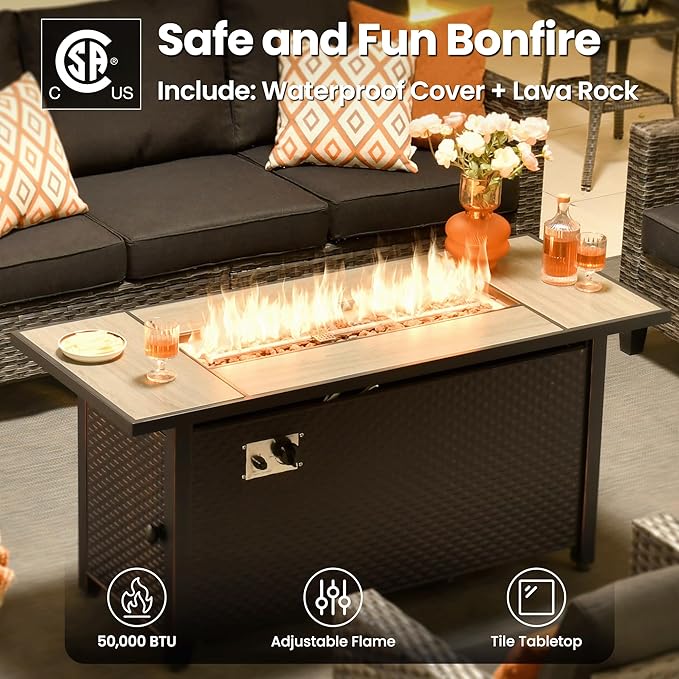 ovios 6 Pieces Patio Furniture Set with 54" Fire Pit Table, Outdoor Wicker Sofa with Comfy Cushions, All Weather High Back Rattan Couch Conversation Set, Black