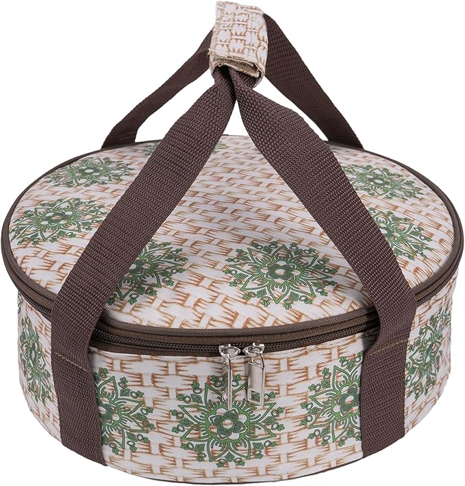 Round Insulated Pie Carrier – Thermal Portable Lunch Transport Cheesecake Cake Dish Container Bag Keep Food Hot/Cold/Fresh for Potluck Parties Gathering/Picnic/Church Dinner/Outdoor Events-Brown