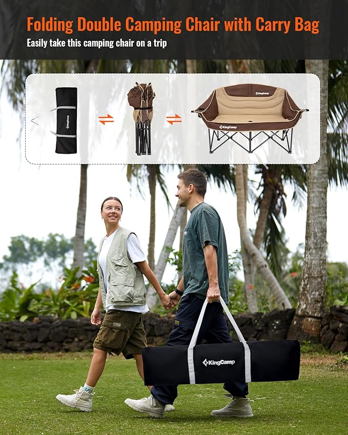 KingCamp Double Camping Chair, Oversized Heavy Duty Loveseat for Adults Portable Folding XL 2 Person Couch Padded Comfortable Two Seat with Cup Holder for Outdoor Lawn Backyard