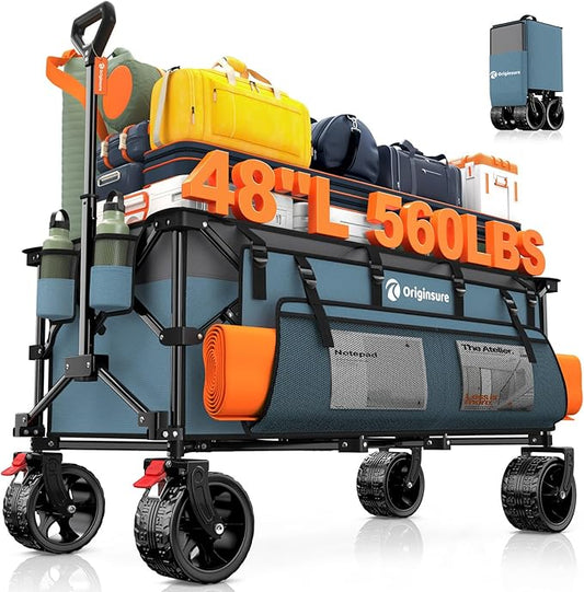 48" L Collapsible Wagon Cart Foldable, 560LB Weight Capacity 300L Heavy Duty Folding Beach Wagons with Big All-Terrain Wheels, Utility Carts for Groceries, Shopping, Camping, Sports - Grey&Blue
