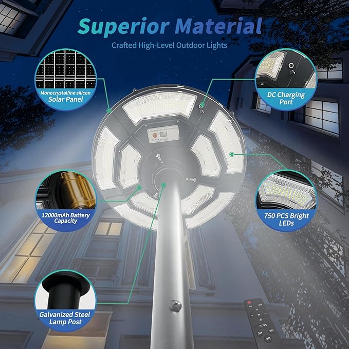 Solar Outdoor Street Light with Pole and Remote, Waterproof Motion Sensor 750-LED Removable Post Light with DC Port for Yard, Patio, Camping, Dusk to Dawn for Outdoor Lighting(Plug Inclues)