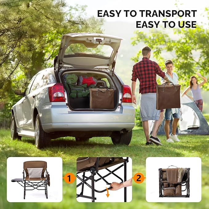 VINGLI Camping Chairs, Directors Chair, Camping Chair with Side Table & Carry Bag，Heavy Duty Camping Chairs for Adults,Portable Folding Camping Chair 2 Pack, for Beach, Fishing,Trip,Picnic,Lawn-Brown