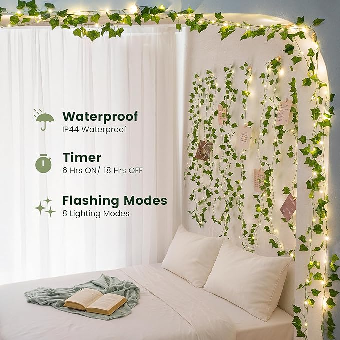 HEYFUNi Vines with Lights, 23 Ft 73 Led Fake Ivy Vines with Fairy Lights USB/Battery Operated, Leaf String Lights for Bedroom, Wall, Balcony, Wedding Decor, Warm White