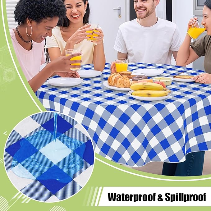 Smiry Round Plastic Table Cloth, Waterproof Vinyl Tablecloth with Flannel Backing, Wipeable Buffalo Plaid Table Cover for Dining, Indoor and Outdoor (Blue & White, 60" Round)