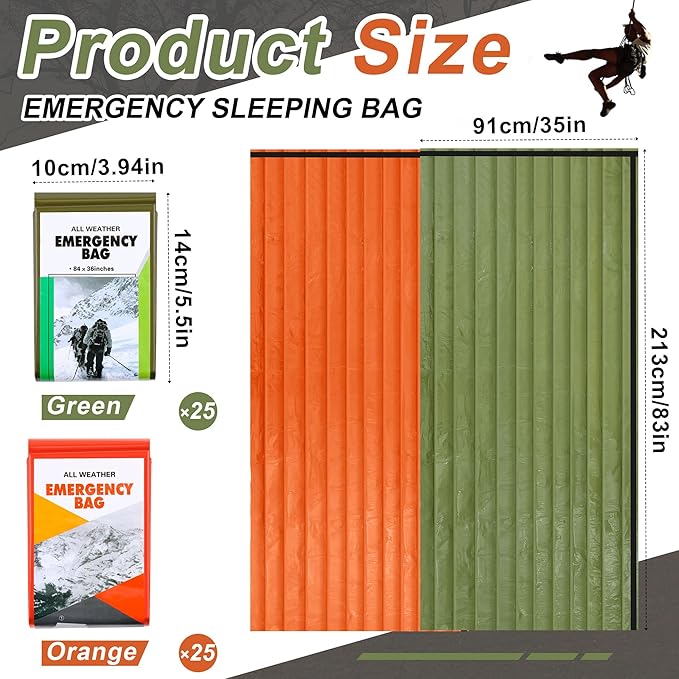 Preboun 50 Pcs Emergency Sleeping Bag Portable Lightweight Survival Bag Thermal Bivy Sack Waterproof Emergency Blanket Survival Gear for Outdoor Camping Hiking Homeless People Shelter (Orange,Green)