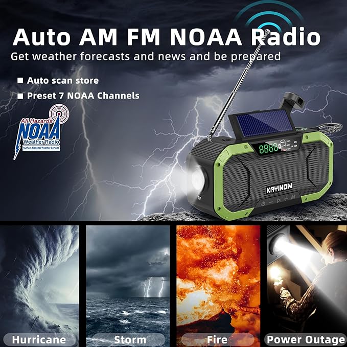 Hand Crank Emergency Radio,Portable AM FM NOAA Weather Radio,Solar Power,Battery Operated,USB Charging Flashlight,Cell Phone Charger,Waterproof,SOS for Camping,Power Outage,Survival Storm
