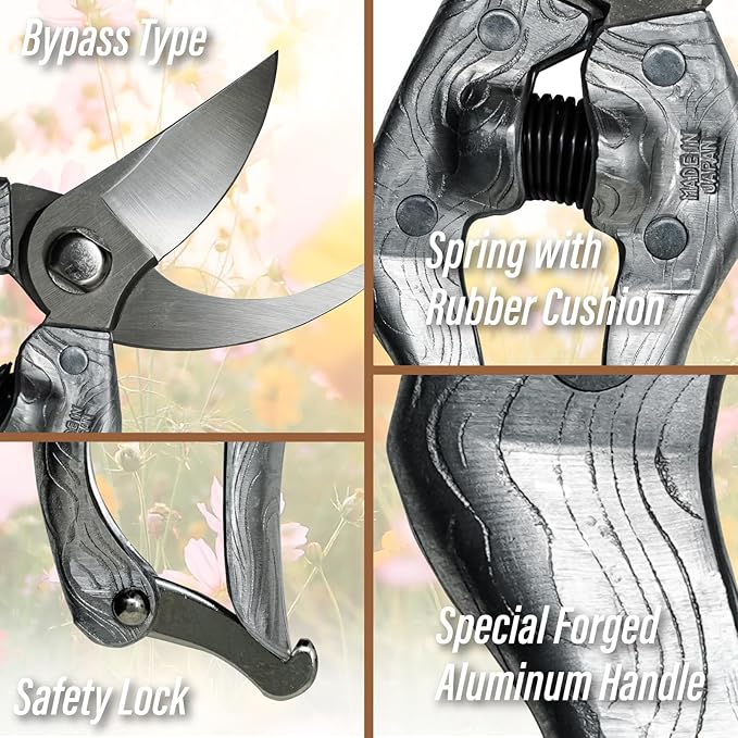 SUIZAN Bypass Pruning Shears 8.3” Plus Forged Aluminum Handle - Professional Japanese Hand Pruners Garden Scissors Gardening Tools