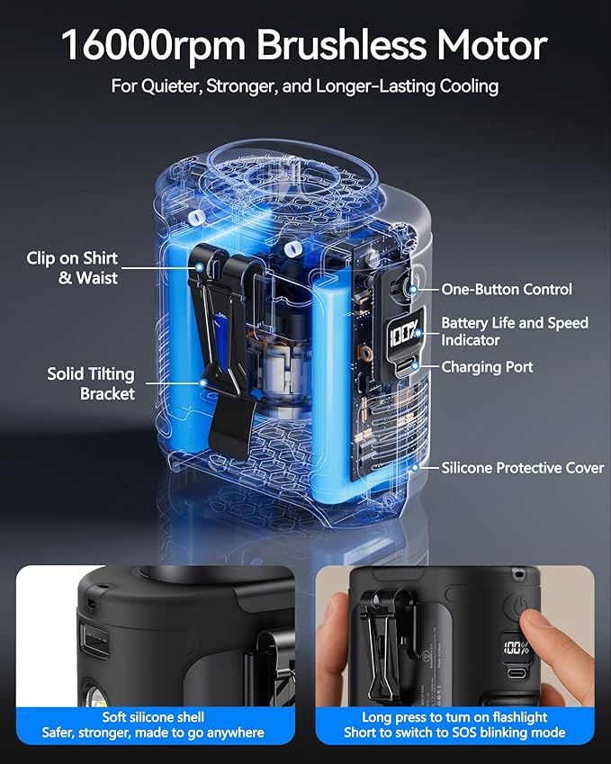 AI Portable Waist Fan Rechargeable 10000mah Belt Shirt Clip On Fan For Body Cooling That Blow Cold Air 5 Speeds Flashlight Up To 40H