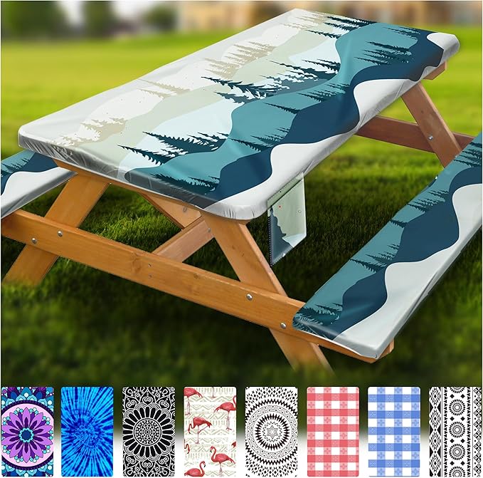 Fitted Picnic Table Cover with Bench Covers Waterproof Elastic Edges Rectangle Patio Tablecloth Outdoor Camping Essentials Stuff Rv Accessories Summer Trip Travel Supplies Party Camper Gifts, 6 ft