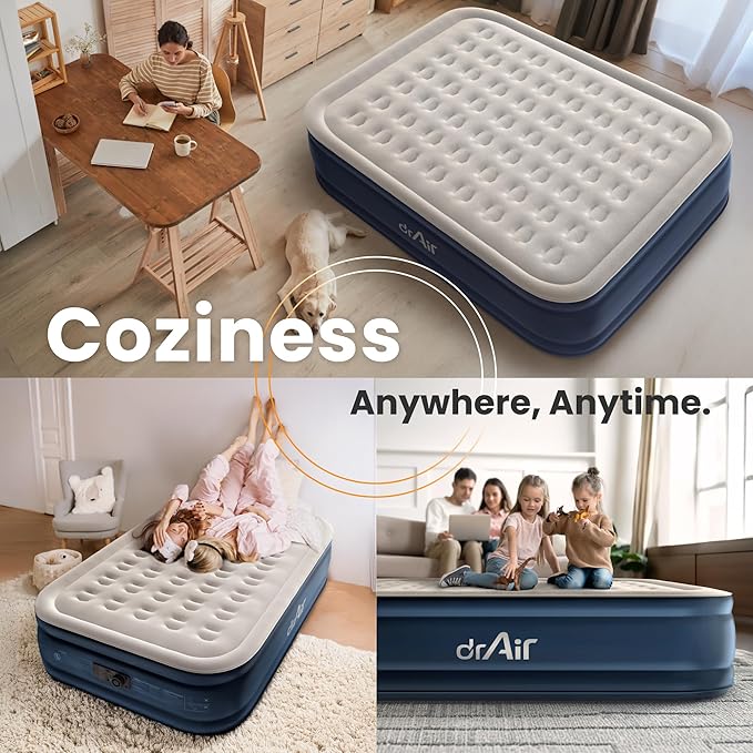 King Air Mattress, 18” Raised Inflatable Bed with Built-in Pump, Waterproof Velvety Top, Ergonomic Design, Reinforced Support, and Carry Bag for Home, Camping, and Guests