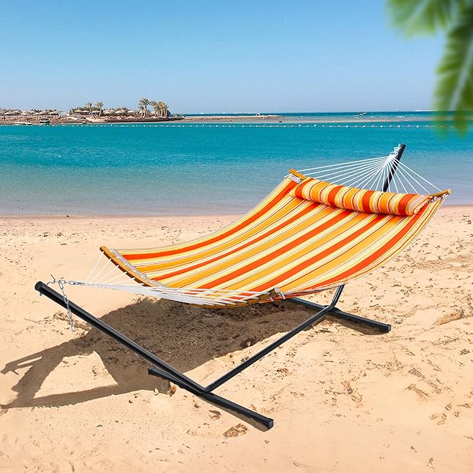 SUPERJARE Hammock with Stand, 2 Person Heavy Duty Hammock with Padded Cotton, Detachable Pillow & Strong Curved-Bar & Portable Carrying Bag, Perfect for Outdoor & Indoor - Tangerine