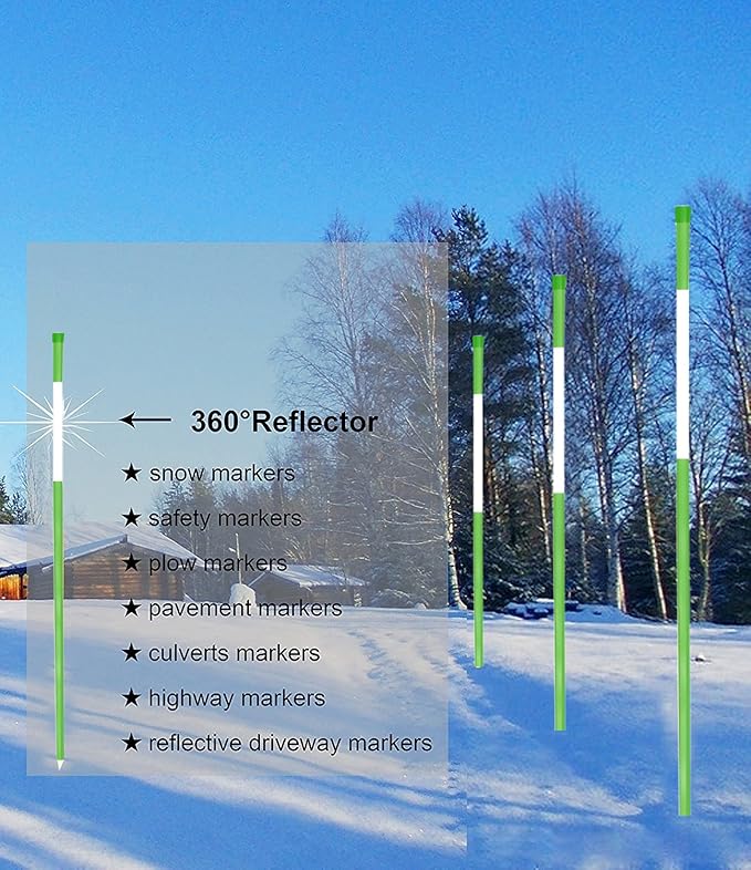 Reflective Driveway Markers 36-Inch Green 20-Pack 1/4-Inch Dia Solid Snow Poles Snow Stakes Snow Markers