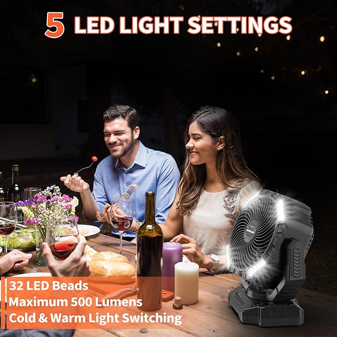 MORECORE 68HRS Running Camping Fan with Light, 20000mAh Battery Rechargeable, Powerful 4 Speeds & Auto Oscillating, with Timer & Hook, for Travel Tent RV Emergency Hurricane Jobsite Garage-Black