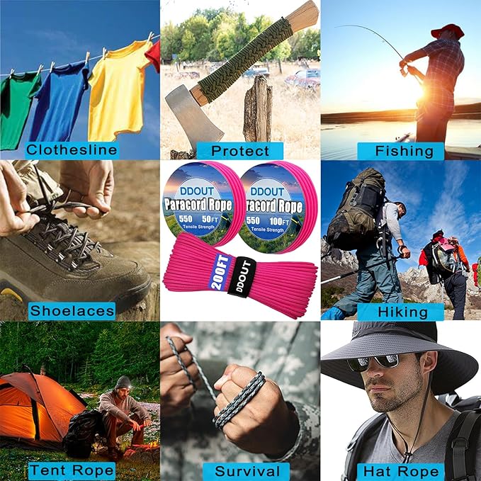 Paracord Nylon Rope Pink 50FT with 7-Strand Core, 10 Colors and 50/100/200 ft, Type III Parachute Cord 4mm for Camping, Survival, Hiking, DIY, Crafting, Outdoor Utility Rope