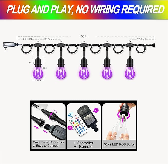Auroraworld Outdoor String Lights RGB, 105FT LED Color Changing Patio Lights with Shatterproof Bulbs for Backyard