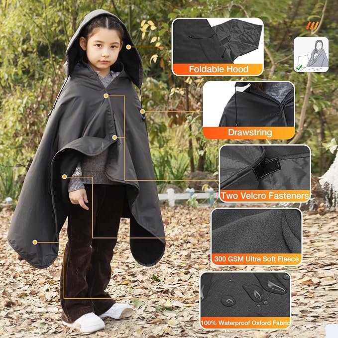 DUKUSEEK Hooded Stadium Blanket for Kids, Small Waterproof Outdoor Blankets with Fleece Linner, Kids Outdoor Wearable Blanket for Sporting Events, Camping, Picnic, Games, Stadium, 56x28