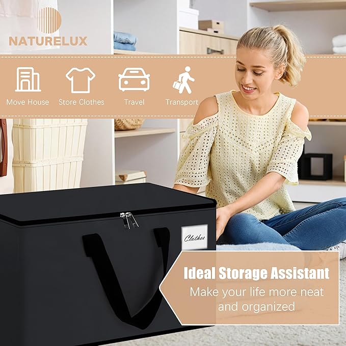 Heavy Duty Moving Bags - Extra Large Packing Bags and Storage Totes, Collapsible and Foldable Option for Moving and Storage, Black, 93 L - 6 Pack