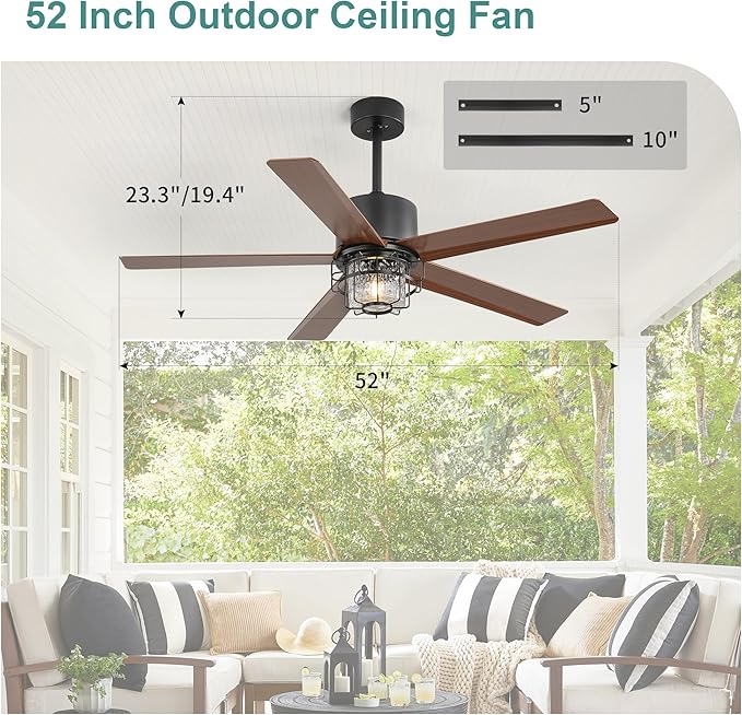 52-Inch Outdoor Fan Light,with Light and Remote Control,6-Speed Reversible DC Motor,Adjustable Height, Suitable for Pavilions and Porches.(Wood Grain)