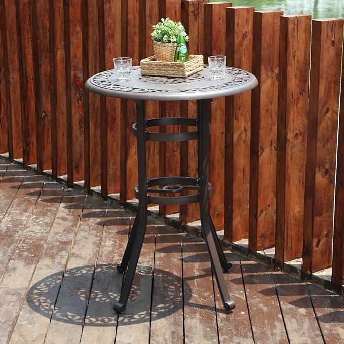 PHI VILLA 32" Cast Aluminum Patio Bar Table, 41" Height High Top Outdoor Table, Pub Height Bistro Round Table for Paito Lawn Garden, Brown