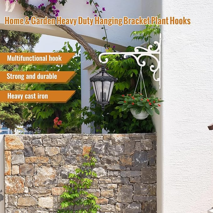 Sungmor Cast Iron Wall Hook Plant Hangers - Home & Garden Heavy Duty Hanging Bracket Plant Hooks - 2PC WHITE Decorative Wall Mount Hooks for Hanging Planter Pot Bird Feeder Birdcage Lantern Wind Chime