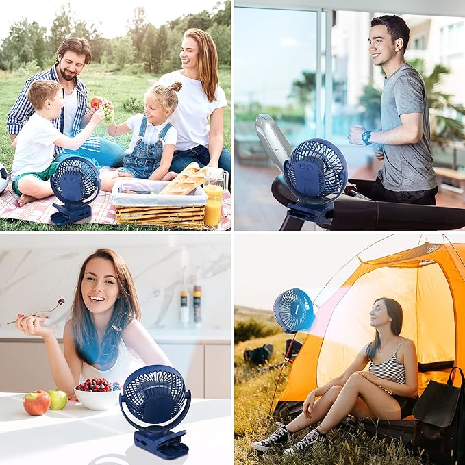 Clip on Fan 65 Hours Portable Desk Fan Rechargeable with LED Lights & Hooks 12000 Capacity Battery Operated Fan with Clips Small Desk Fan Mini Fans for Tents Travel Outdoor Camping Golf Cart Stroller
