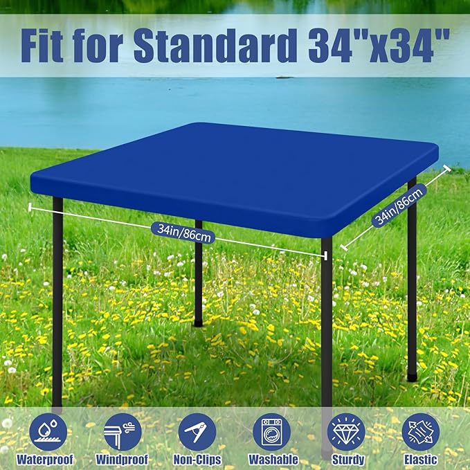 Spandex Picnic Table Cloth 2 Pack, Elastic Fitted Tablecloths for Square Tables, Stretch Washable Patio Table Cover for Outdoor, Camping, Banquet and Parties (Blue, 34"x34")