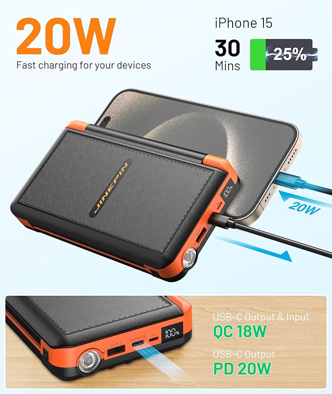 Power Bank Solar Charger 46800mAh Built in 4 Cables 3 Foldable Solar Panels, PD20W Fast Charging Portable Charger, LED Display Powerbank USB C in/Output, External Battery Pack with SOS Camping Light