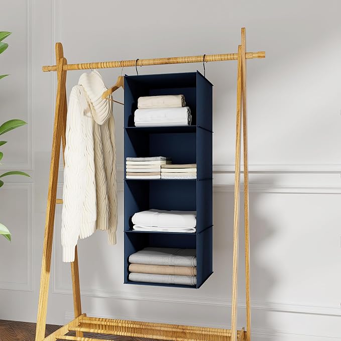 Hanging Closet Organizer - 4-Shelf, Easy Mount Foldable Wardrobe Storage Shelves for Clothes, Handbags, Shoes & Accessories - Washable Oxford Cloth Fabric, Navy Blue
